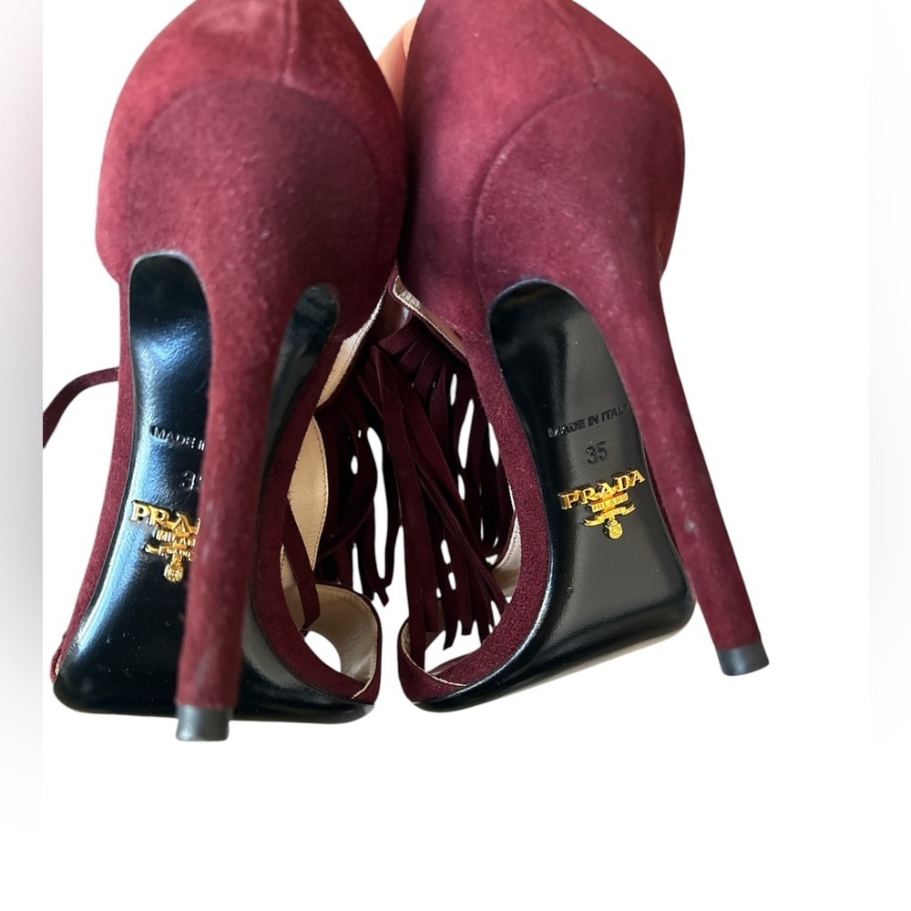 Prada Open Toe sandal heels Fringe Suede Ankle Strap burgundy Size EU 35 - Picture 8 of 12